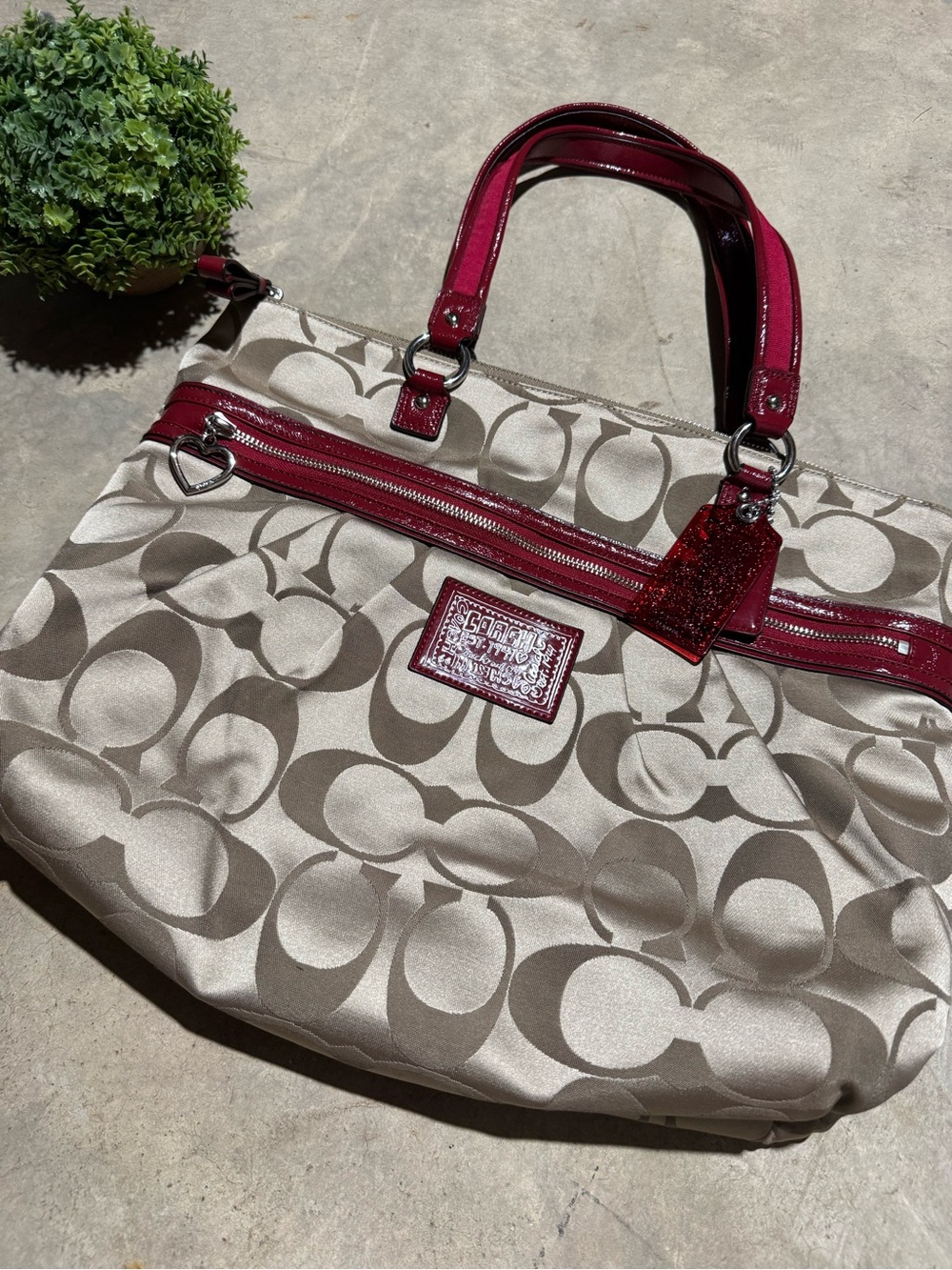Coach Vintage Poppy Daisy XL Sateen Sateen Signature Tote Bag Red Style F20028